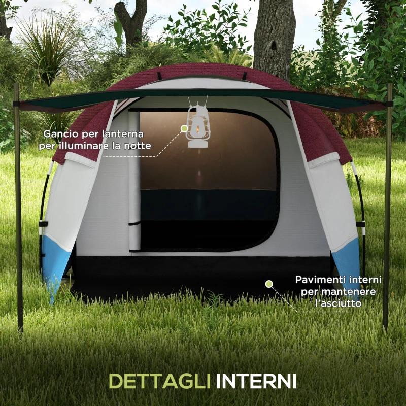 Outsunny Tenda da Campeggio Impermeabile con 2 Aree e 3 Ingressi, in Poliestere e Fibra di Vetro, 420x200x150 cm, Rosso