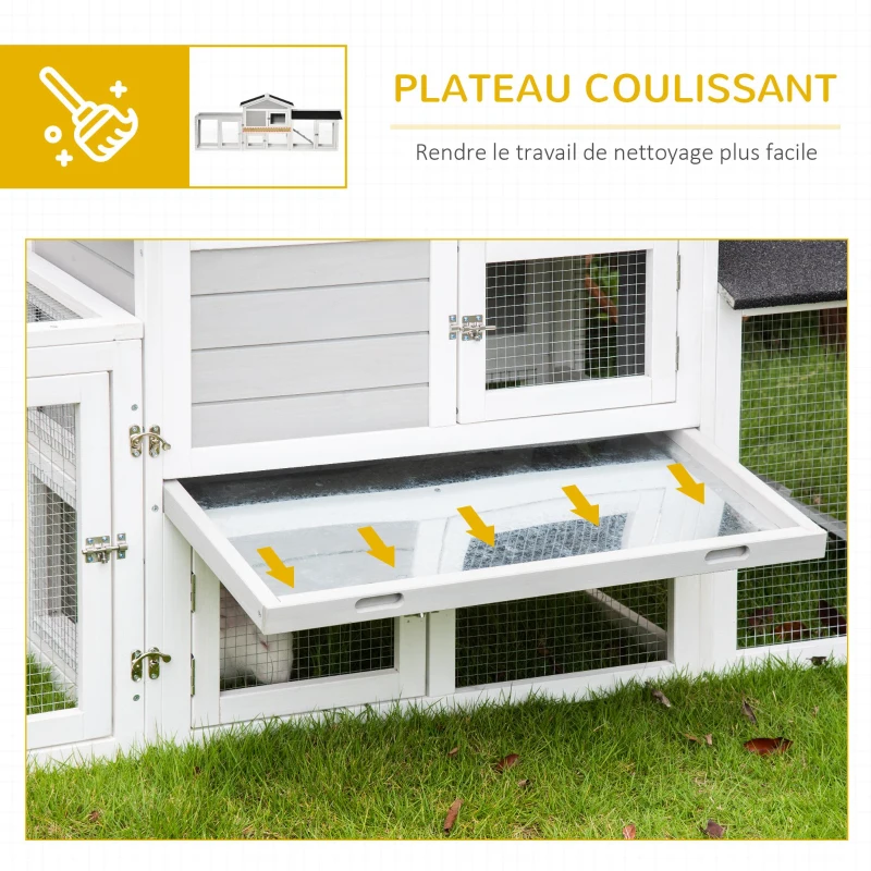 PawHut Clapier cage à Lapins rongeurs XXL 2 étages toit bitumé intégral plateau à déjection 227L x 53l x 85H cm bois massif sapin - gris et blanc