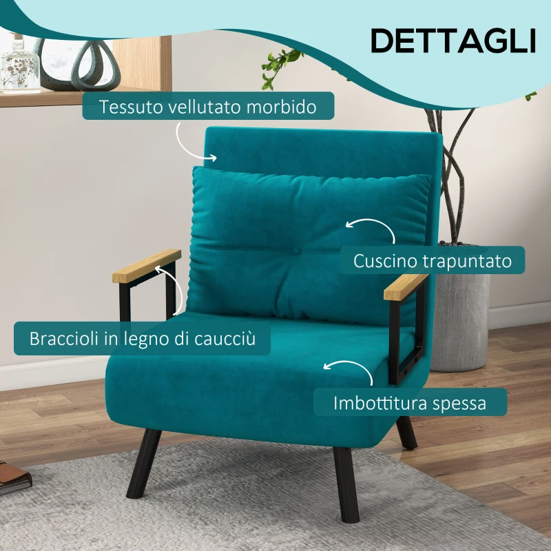 HOMCOM Poltrona Letto 3 in 1 con Schienale Reclinabile in 5 Posizioni e Cuscino, 63x73x81 cm, Blu Scuro