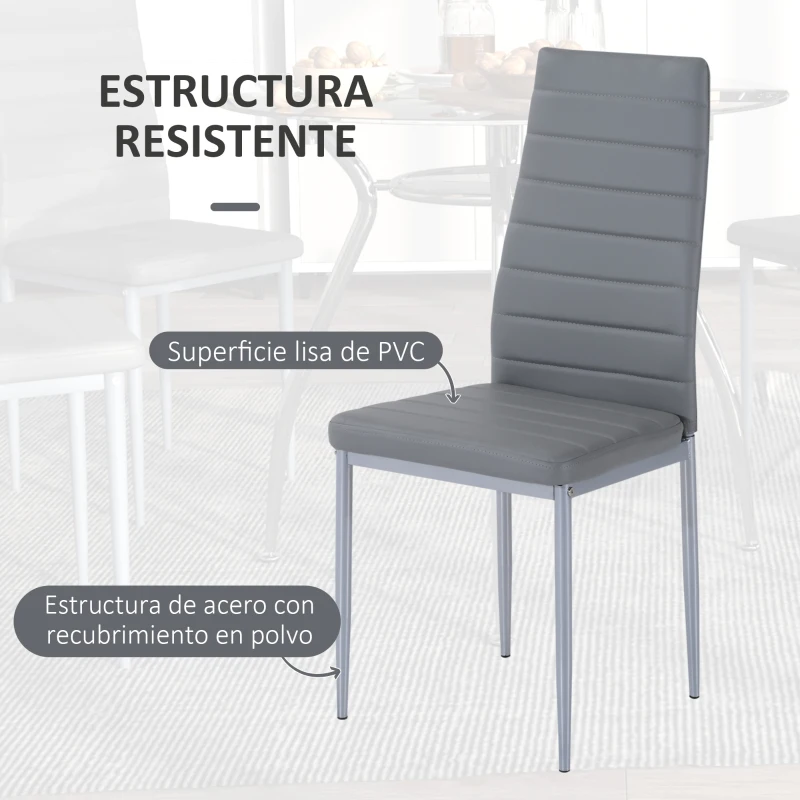 HOMCOM Conjunto Mesa y 4 Sillas de Comedor 5 Piezas Mesa Redonda de Vidrio Templado y 4 Sillas con Patas de Acero Gris