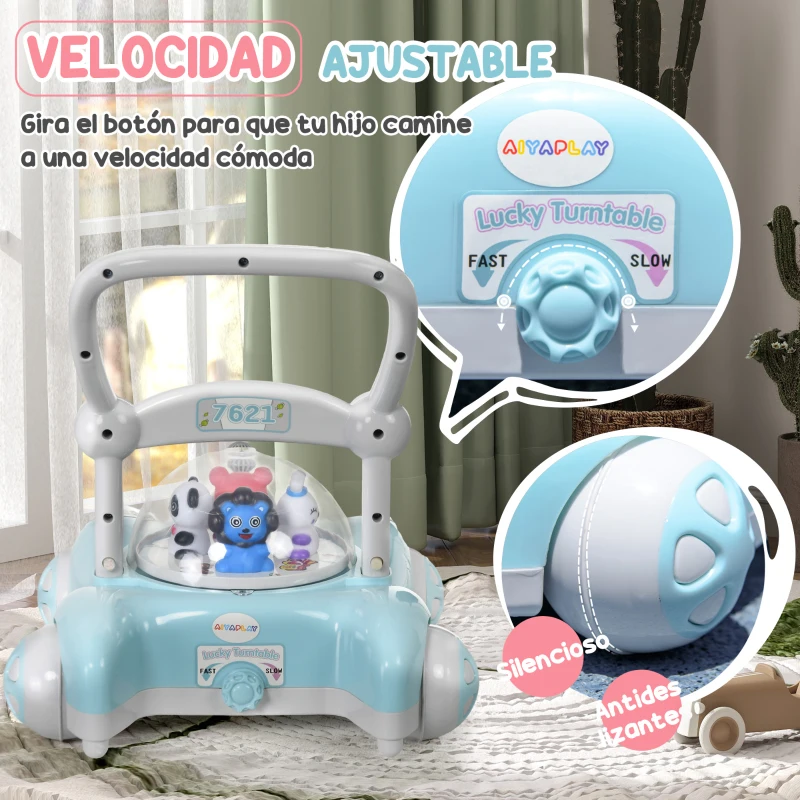 AIYAPLAY Andador para Bebés de 1-3 Años con Altura Ajustable Música Ruedas Antideslizantes Luces Manillar Desmontable Azul Claro