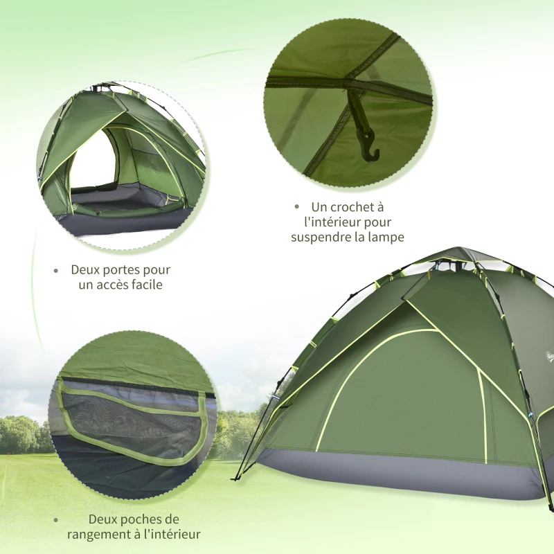 Outsunny Tente de camping tente pop up légère 2-3 pers. - 2 grandes portes - 210 x 210 x 140 cm fibre verre polyester