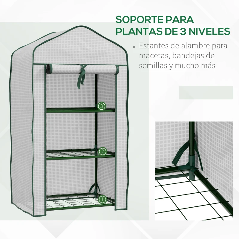 Outsunny Invernadero de Jardín con 3 Estantes 1 Puerta con Cremallera para Cultivo de Plantas 59x39x127 cm Blanco