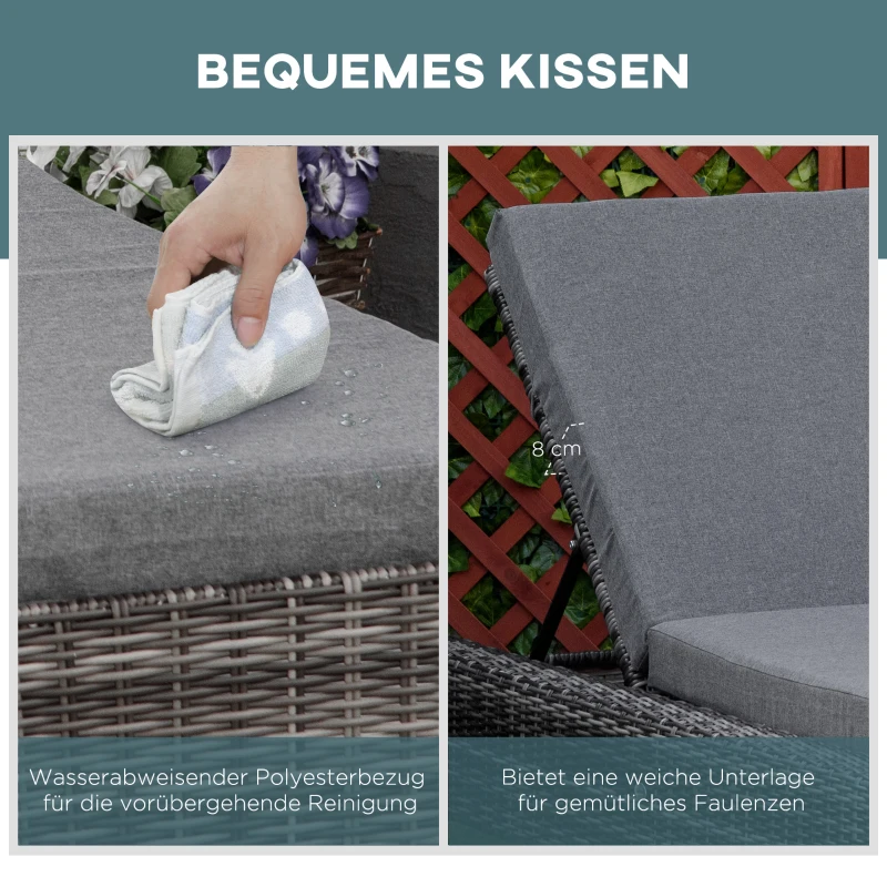 Outsunny Polyrattan Gartenliege mit Kissen Sonnenliege 5-stufig verstellbar Rattanliege Gartenmöbel Liege Stahl Grau 72 x 198 x 30 cm