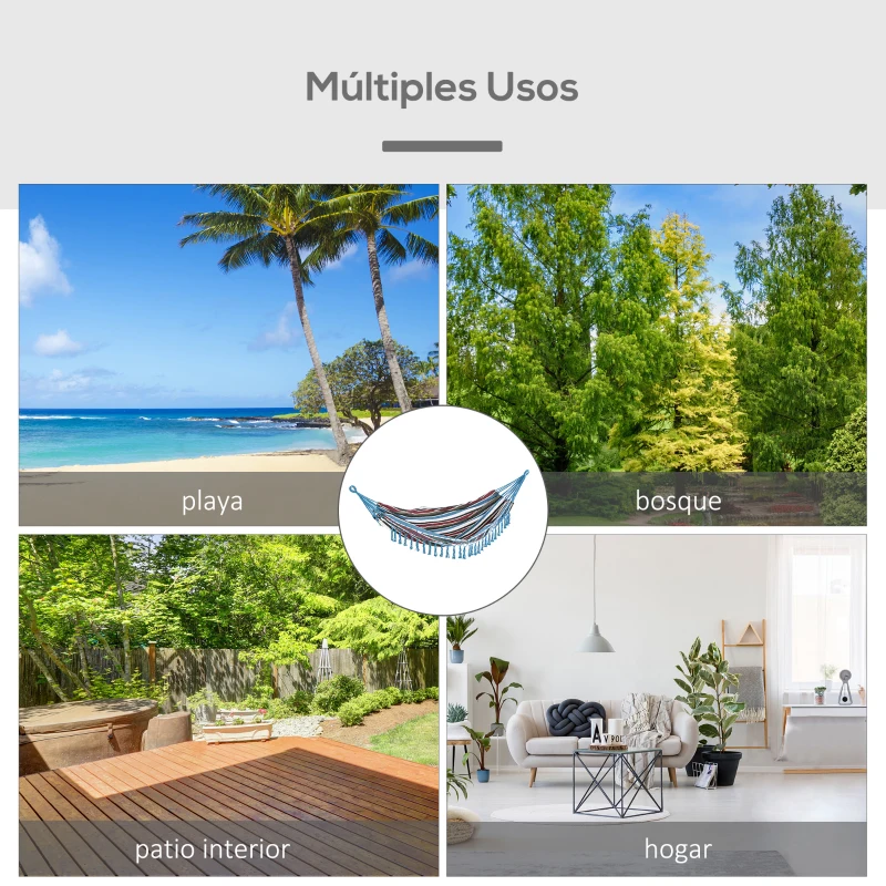 Outsunny Hamaca Doble Portátil de Algodón 285x150 cm con Bolsa de Transporte para Exteriores Patio Jardín Playa Camping Carga 120 kg Multicolor