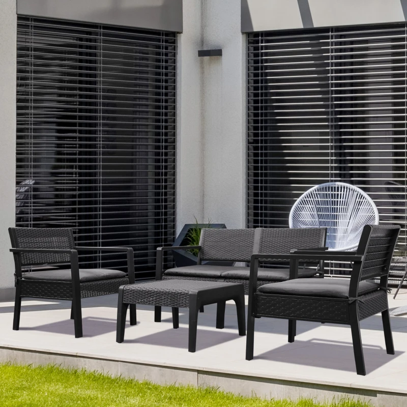 Outsunny Outdoor Garden PP Rattan Style Sofa Set, 4 PCS Patio Coffee Table Set w/ Cushioned 2 Single Chairs & 1 Loveseat Conservatory Furniture, Grey