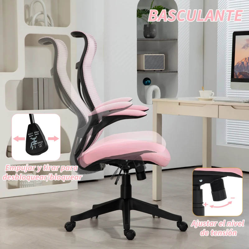 HOMCOM Silla de Oficina Giratoria con Altura Ajustable Reposabrazos Abatibles y Función de Basculante Carga 120 kg Rosa