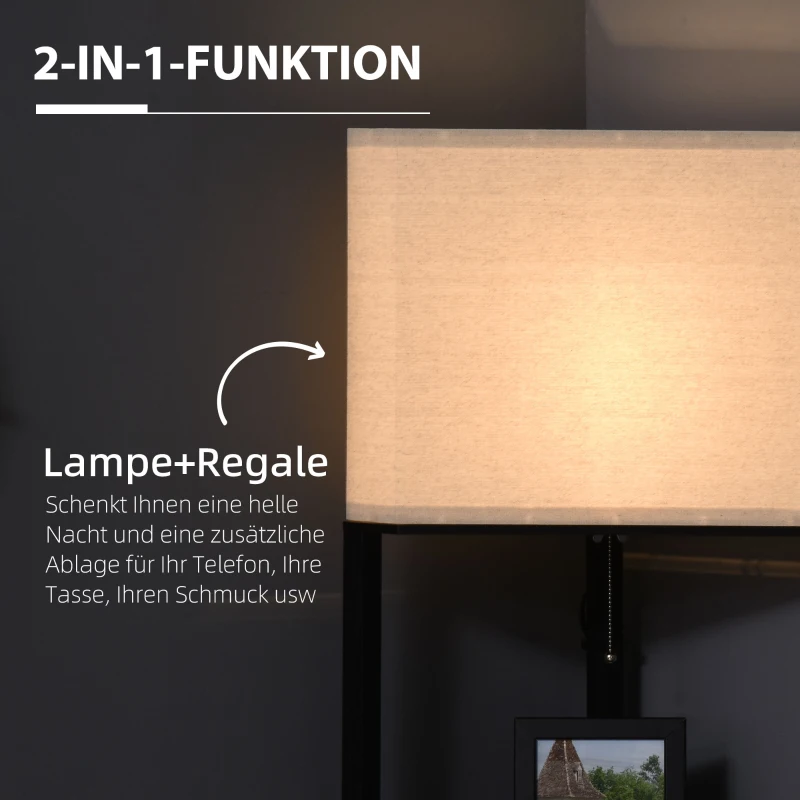 HOMCOM Stehleuchte, dreieckiges Design, 3 Regale, Stoff-Lampenschirm, 50x37x159 cm, Schwarz+Weiß