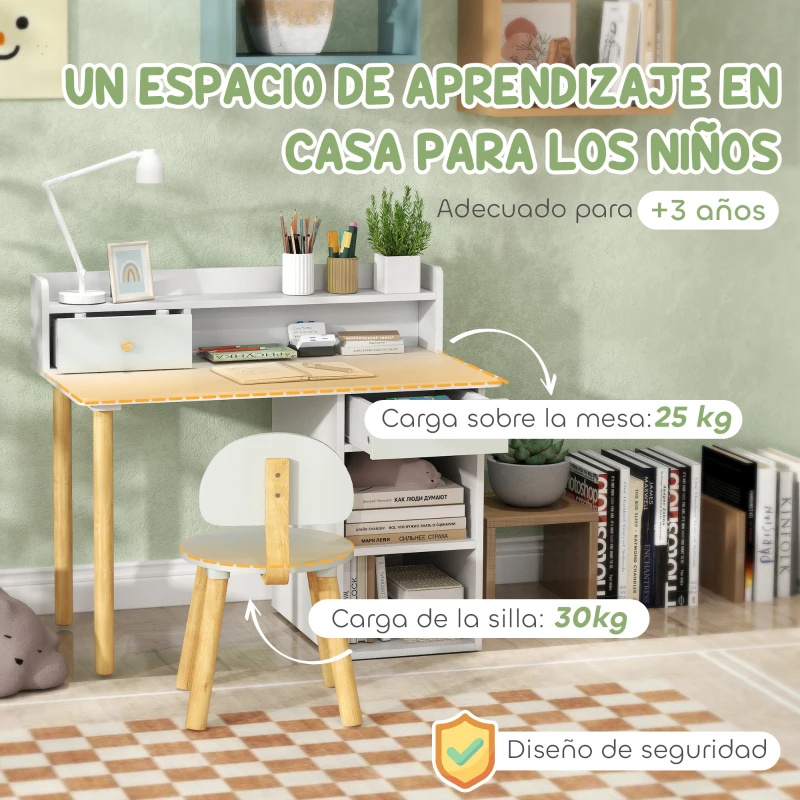 AIYAPLAY Juego de Escritorio Infantil con Silla Pupitre Infantil con Cajones Compartimento y Estantes Verde Claro y Blanco
