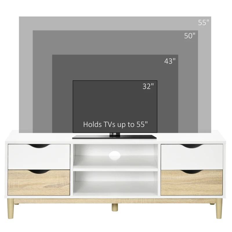 HOMCOM Modern TV Stand Unit for TVs up to 55" with Storage Shelves and Drawers, 120cmx40cmx44.5cm, White and Natural