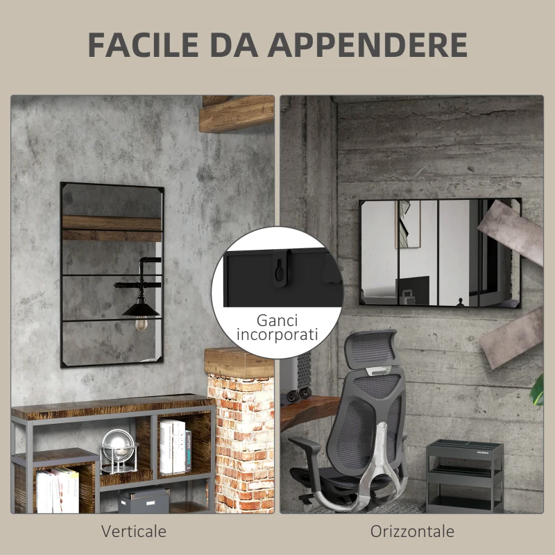 HOMCOM Specchio da Parete in Stile Industriale con 4 Ganci, in Vetro Multistrato, Metallo e MDF, 109x2x69 cm, Nero