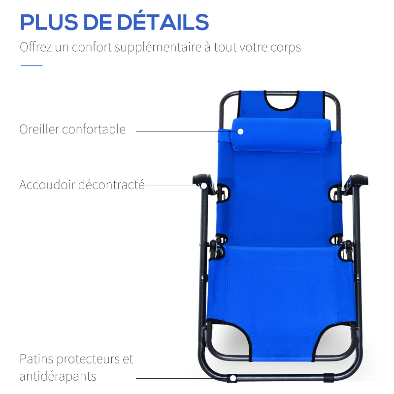 Outsunny Lot de 2 Chaises Longue inclinable transat Bain de Soleil fauteuil relax jardin 2 en 1 Pliant têtière Amovible