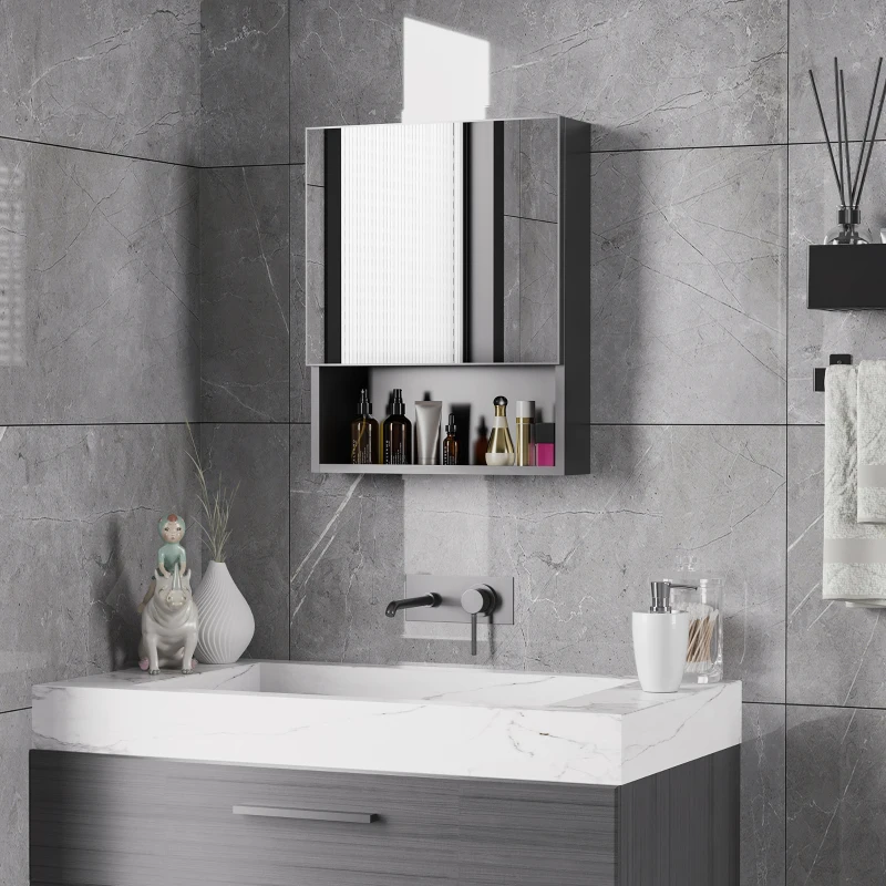 kleankin Armoire de toilette mural miroir salle de bain en acier inoxydable avec porte et étagère dim.46 x 13,5 x 58 cm noir