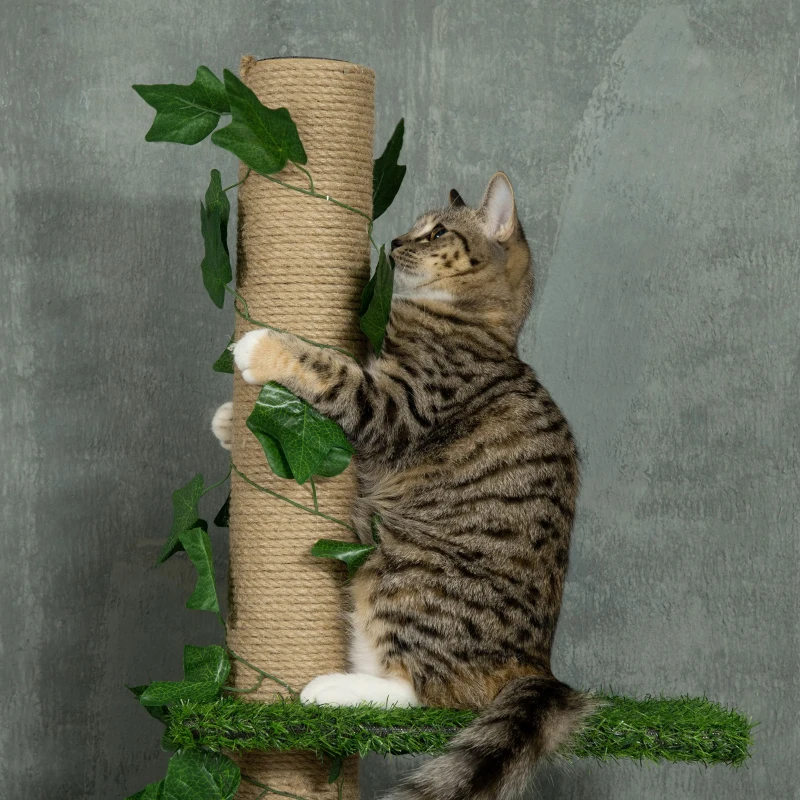 PawHut Árbol para Gatos del Suelo al Techo 37x21x202-242 cm con Altura Ajustable 4 Plataformas de Césped Artificial Verde