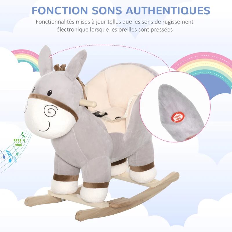 HOMCOM Cheval à Bascule modèle âne Fonction Musicale Selle Grand Confort Peluche Courte Douce Bois peuplier Gris dim. 61L x 34l x 58H cm