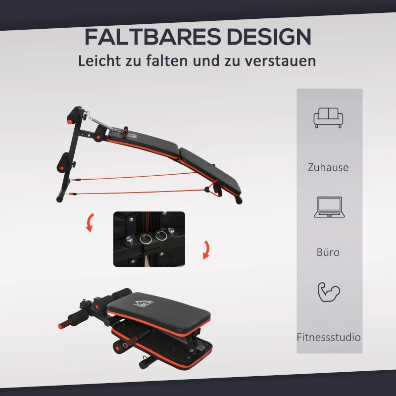 HOMCOM Sit Up Bank Bauchtrainer mit Trainingsseile Trainingsbank Multifunktion Verstellbar&klappbar 110 kg Belastbarkeit Stahl Schwarz+Rot 137 x 51 x 50-66 cm