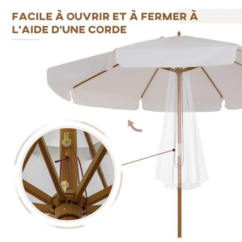 Outsunny Parasol droit parasol de jardin rond grande taille de jardin Ø 3 m bois de bambou crème