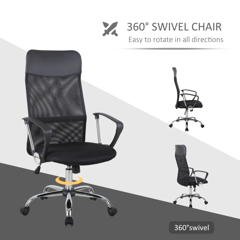 HOMCOM Swivel Office Chair Mesh Fabric Executive Chair Seat Home Desk Chairs Armchair with Wheel, Black