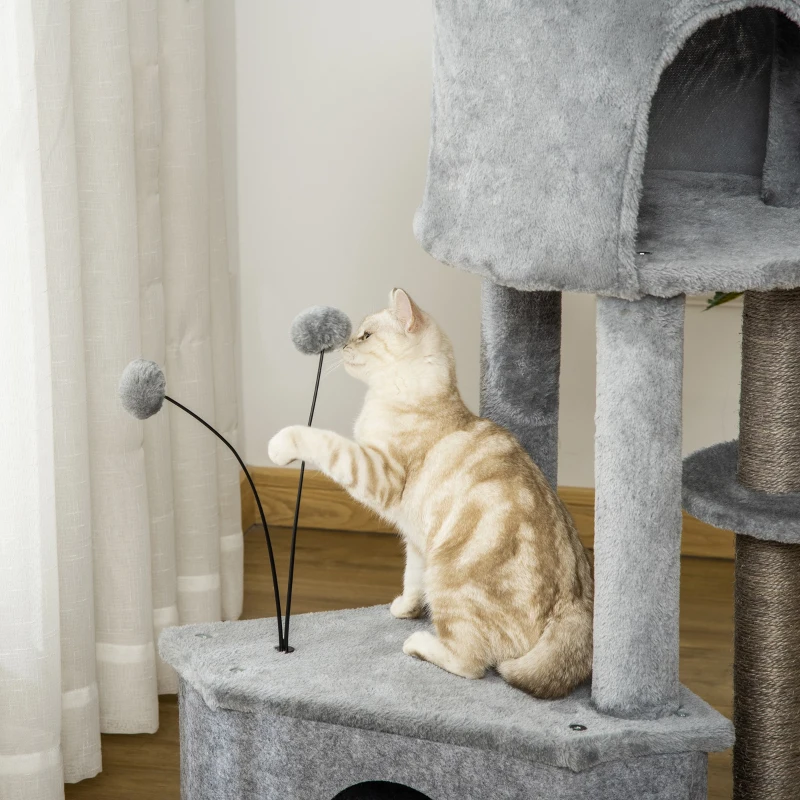 PawHut Árbol Rascador para Gatos 60x40x133 cm Torre de Gatos con Nido Cueva de Fieltro Extraíble Cama de Felpa Suave Postes Rascadores de Sisal Natural y Juguetes Gris