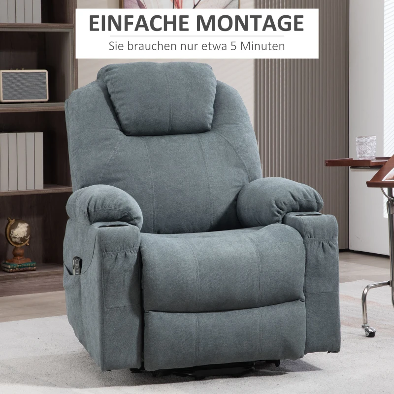 HOMCOM Massagesessel Aufstehhilfe Seniorensessel, 8 Massagepunkte, Seitentaschen, Fernbedienung, 90L x 101B x 107 cm, Grau(m-8)