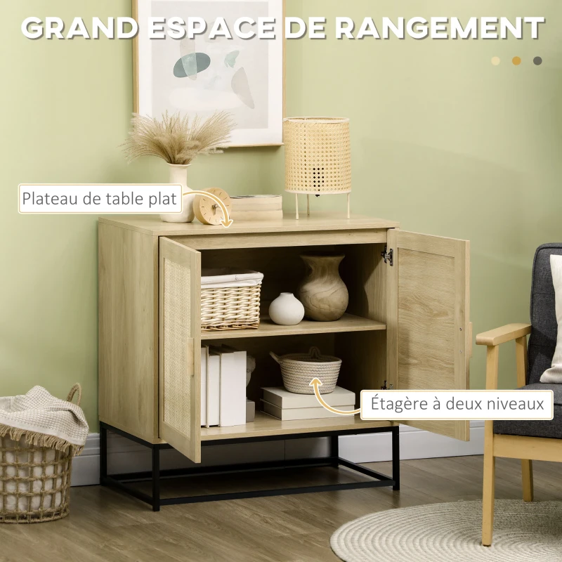 HOMCOM Buffet bas style bohème avec placard 2 portes rotin tissé étagère ajustable en hauteur 80 x 40 x 80 cm naturel