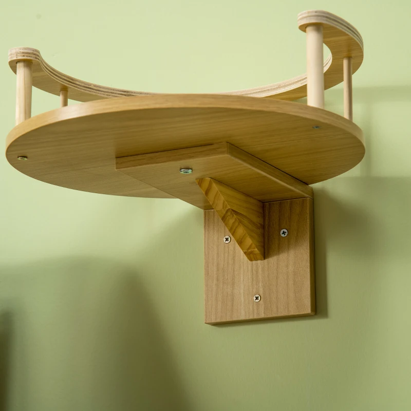 PawHut Wandliege, Katzenbett, mit Schutzrand, Liegekissen, für Wandmontage, Eiche+cremeweiß, 34 x 34 x 10,5 cm