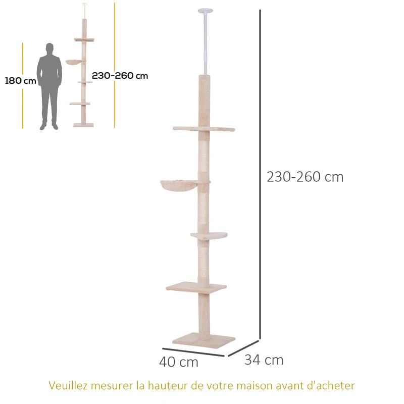 PawHut Arbre chat du sol au plafond poteau à griffer L40 x l 34 x H 230-260 cm 5 niveaux d'activités beige