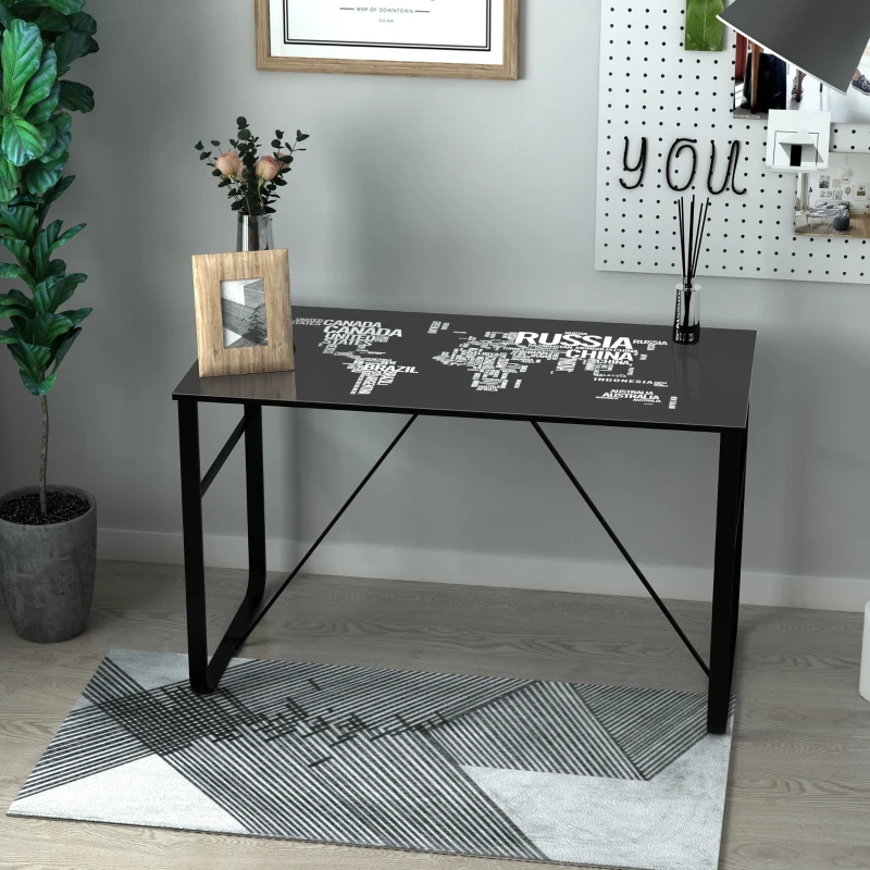 HOMCOM Tempered Glass Top Writing Desk with World Map Printing, Writing Workstation, Home Office Table with Metal Frame, Easy Assembly, Black
