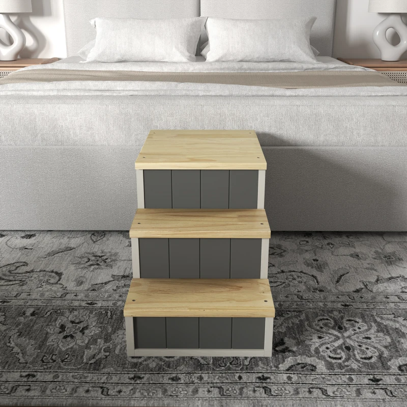 PawHut Haustiertreppe Hundetreppe, 3 Stufen, Kiefernholz, 79 cm x 38,5 cm x 45 cm, Natur + Weiß