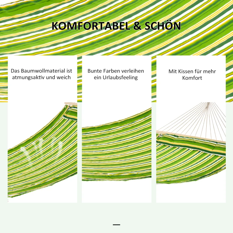Outsunny Hängematte für 2 Personen mit Kissen Outdoor für Reisen Camping 240g/㎡ Baumwolle Belastbarkeit bis 180 kg Grün gestreift 188 x 140 cm