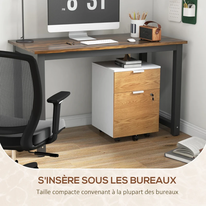 HOMCOM Caisson de bureau, meuble de rangement 2 tiroirs 2 barres pour dossier suspendu, verrouillable avec 2 clés 42x40x60 cm
