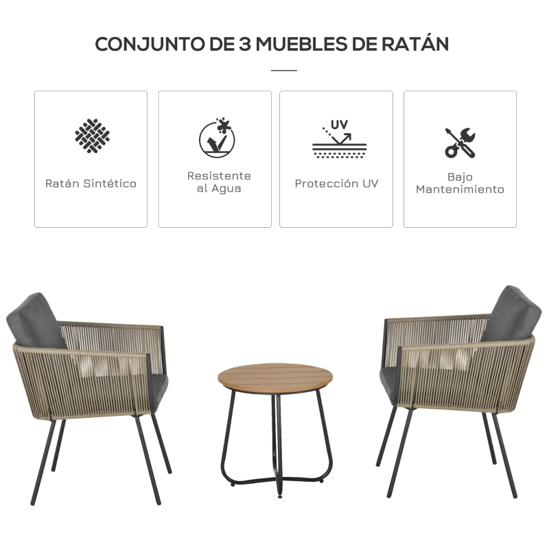 Outsunny Conjunto de Muebles de Jardín Juego de 3 Piezas Muebles de Ratán 1 Mesa Redonda y 2 Sillas Butaca con Cojines Acolchados para Balcón Terraza Acero Caqui y Gris