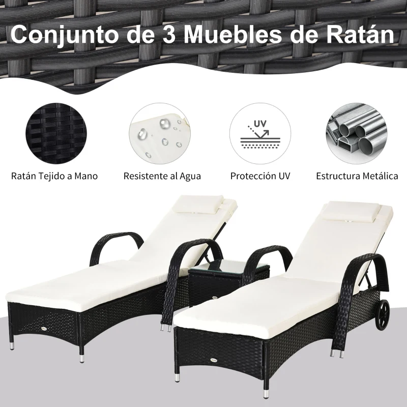Outsunny Conjunto de 2 Tumbonas con Cojín y Respaldo Ajustable 5 Posiciones y 1 Mesita de Ratán Sintético Color Negro