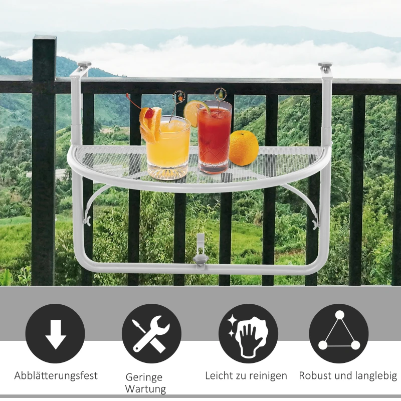 Outsunny Balkonhängetisch Hängetisch Gartentisch höhenverstellbar halbrund Ø30 cm Terrasse Metall Weiß L60 x B45 x H50 cm