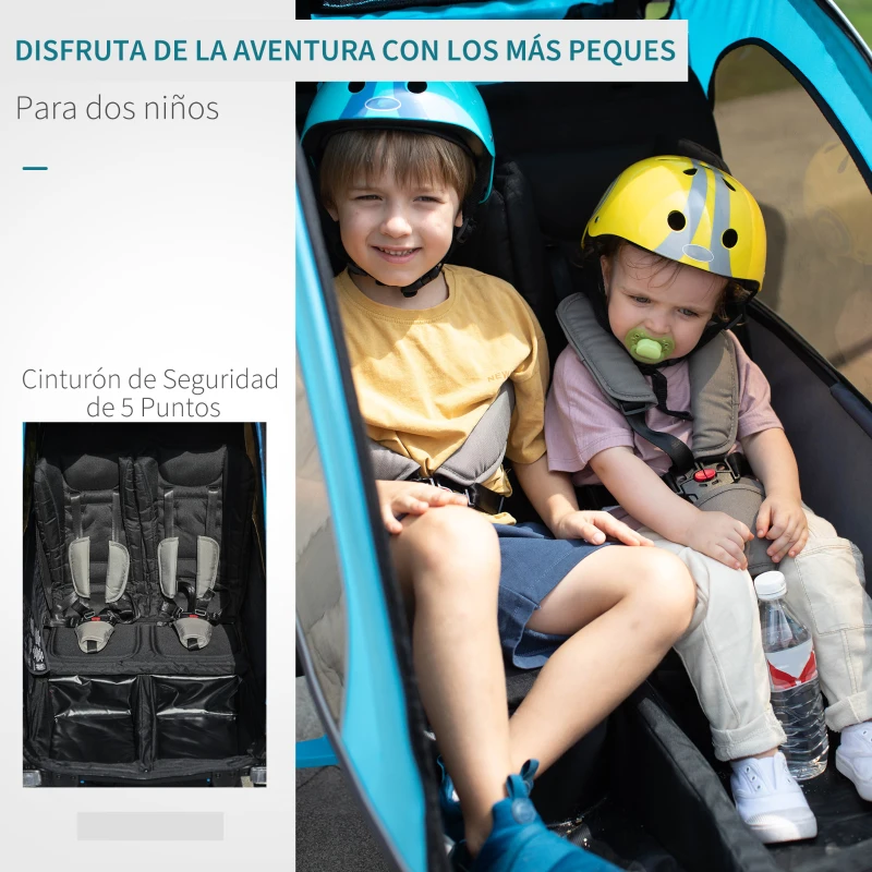 HOMCOM Remolque Infantil 3 en 1 para Bicicleta Carrito para Correr de 2 Plazas para Niños de +6 Meses Plegable Ruedas Giratorias y Manillar Ajustable 150x85x107 cm Azul