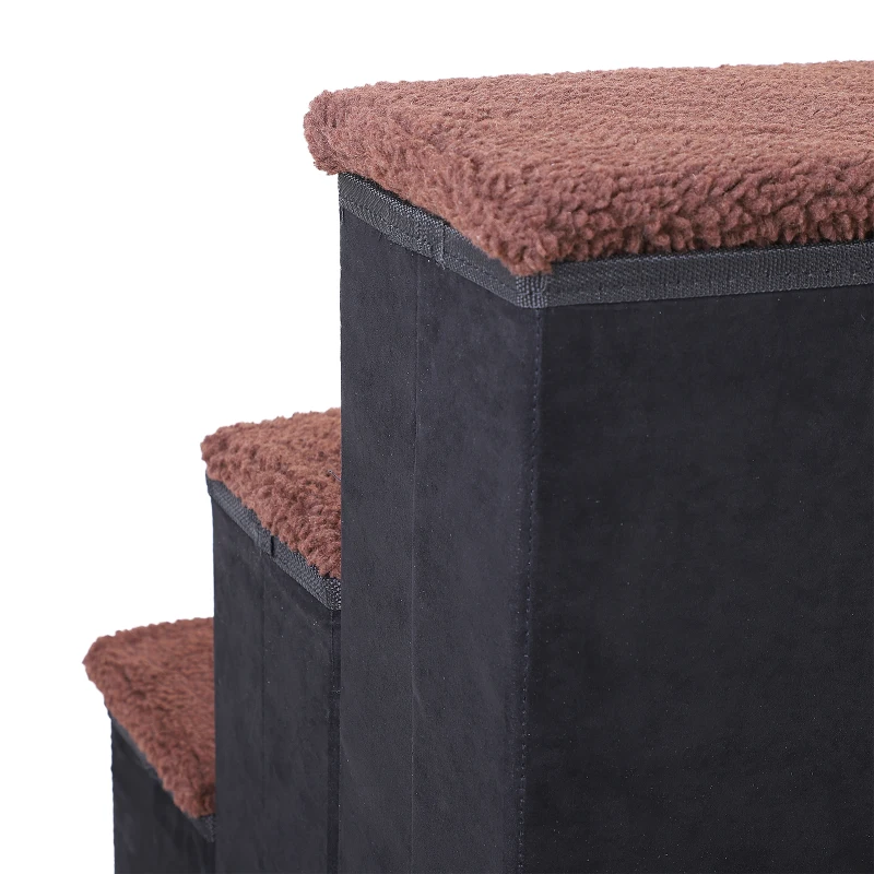 PawHut Escalier pour chien animaux pliable rampe 3 marches polaire amovible coffre interne rangement dim. 51L x 40l x 50H cm MDF polaire marron noir