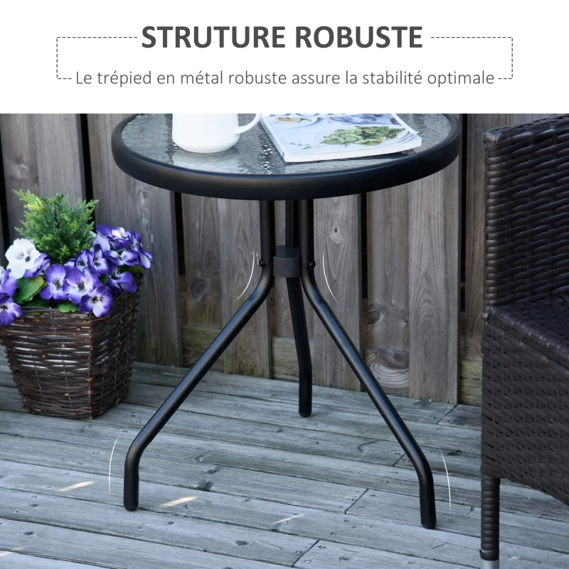 Outsunny Table bistro de jardin table basse ronde avec plateau verre trempé métal époxy Ø 50 x 55H cm noir