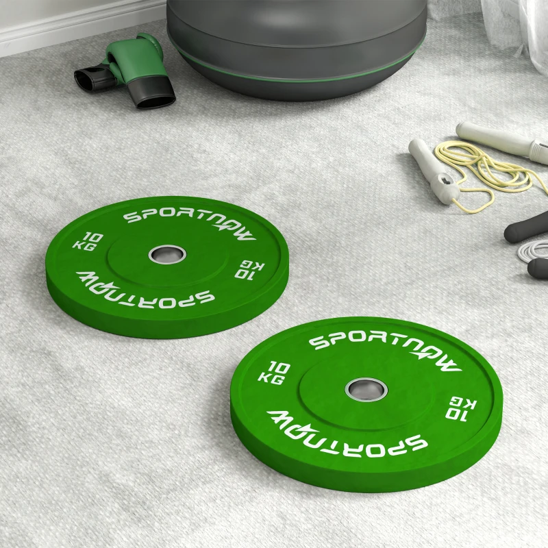 SPORTNOW Set 2 Dischi Pesi da 10kg in Gomma con Foro da 2"/5 cm per Manubri e Bilancieri, Verde