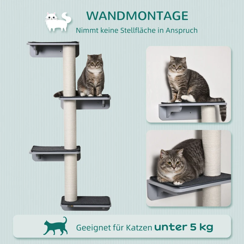 PawHut Wandkratzbaum Katzen-Kletterwand Kratzbaum Katzenmöbel für die Wand Kletterspaß für Katzen Wandmontage Holz Hellgrau+Beige 66 x 28 x 137 cm