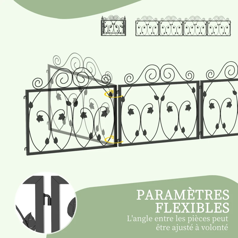 Outsunny Lot de 4 clôtures de jardin décoratives en métal avec ornements, angle ajustable -dim. 229,5L x 47,5H cm noir