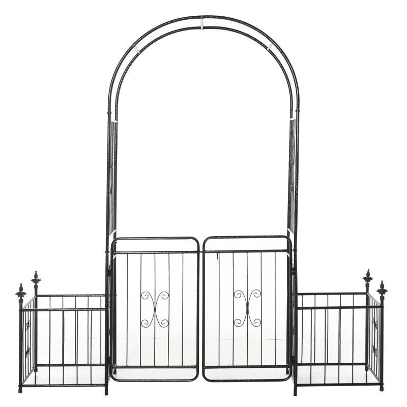 Outsunny Metal Garden Arbor Arch with Double Doors, 2 Side Planter Baskets, Climbing Vine Frame, Black