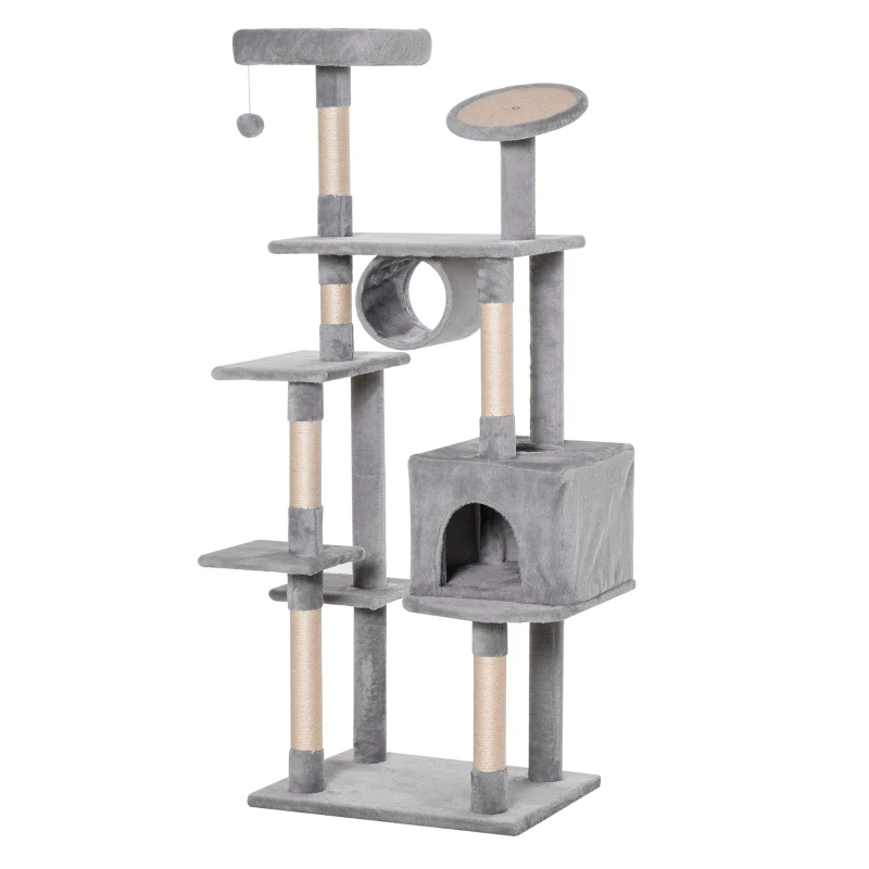 PawHut Albero Tiragraffi a Colonna da 165cm con Graffiatoio e Trespoli per Gattini e Gatti Adulti di Max. 4.5kg, Grigio, 60x50x165cm