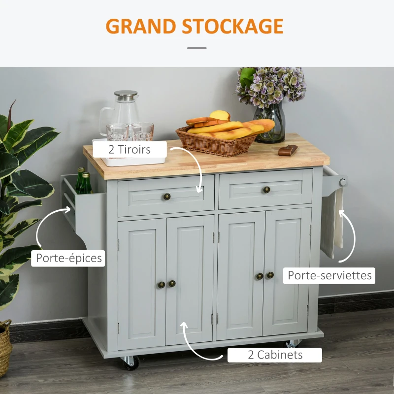 HOMCOM Desserte ilôt de cuisine multi rangements 2 tiroirs 2 placard 2 portes avec étagère range-bouteille porte-torchons et étagère réglable MDF gris hévéa