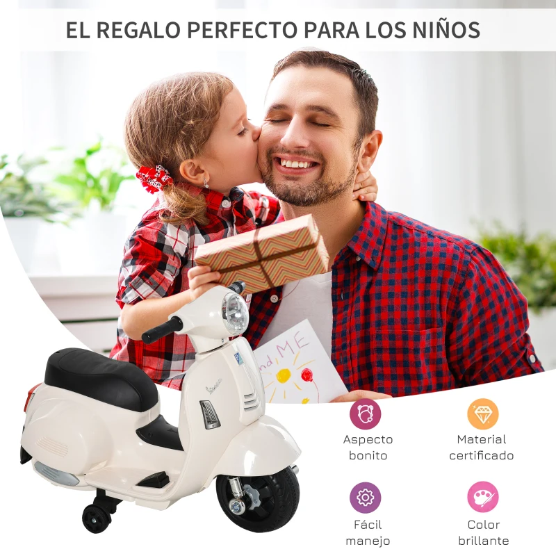 HOMCOM Motocicleta Infantil con Faro Bocina y 4 Ruedas Moto Eléctrica Vespa para Niños con Licencia 66,5x38x52 cm Blanco(m-4)