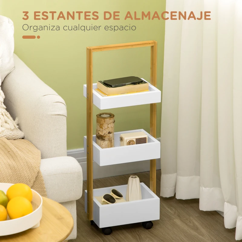 HOMCOM Carrito de Baño con Ruedas y 3 Cestas Carrito Auxiliar Multifuncional de Madera de Bambú 28x18x75 cm Blanco