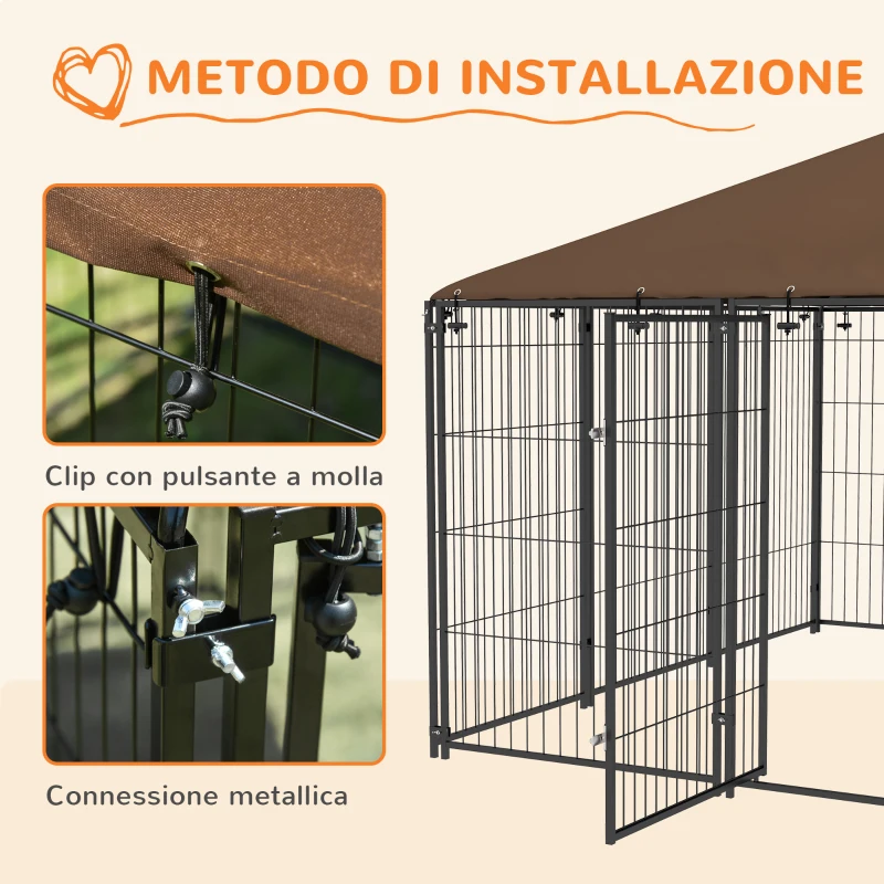 PawHut Recinto per Cani in Metallo e Tessuto Oxford con Porticina per Ciotole, 211x211x151 cm, Nero e Marrone