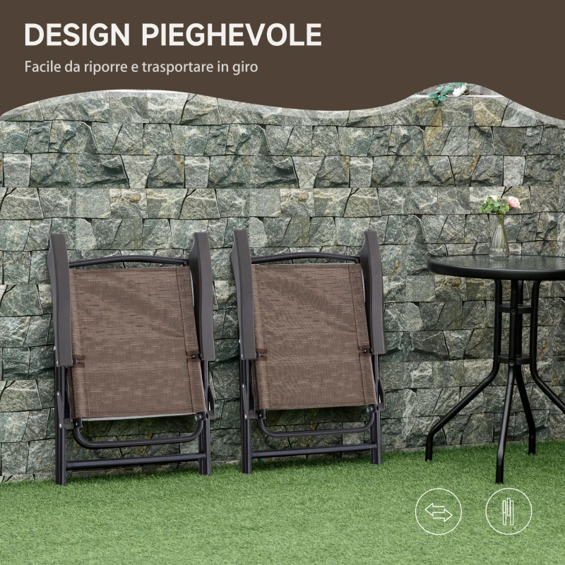Outsunny Tavolino con 2 Sedie Set Mobili 3pz Pieghevole Regolabile Esterno Textilene Marrone