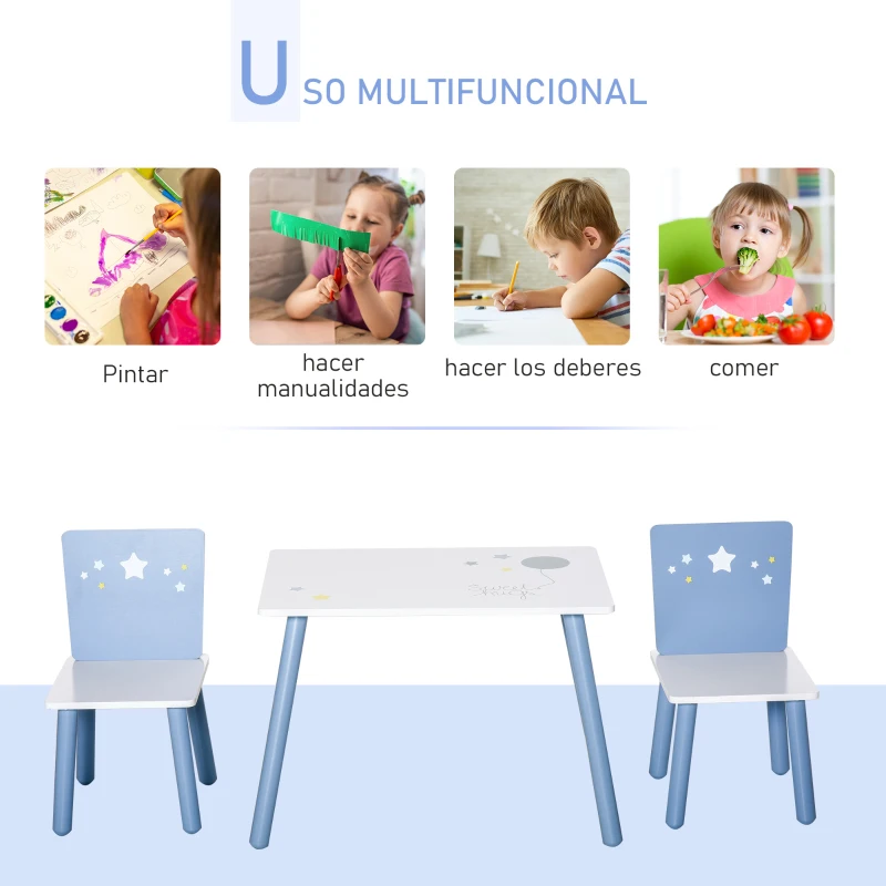 HOMCOM Mesa con Sillas para Niños de 2-4 Años de Madera Mesa 60x40x43 cm y Sillas para Dormitorio 28x26x48 cm Blanco y Azul