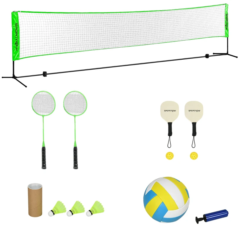 SPORTNOW Badminton-Set mit 2 Schlägern, 3 Federbällen, höhenverstellbar 107-155 cm, Schwarz-Grün