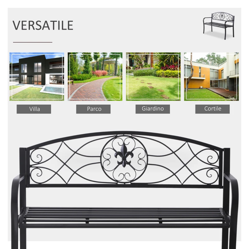 Outsunny Panchina da Esterno a 2 Posti, Panchina da Giardino Design Floreale Ergonomica con Braccioli in Metallo Nero, 129x50x91cm